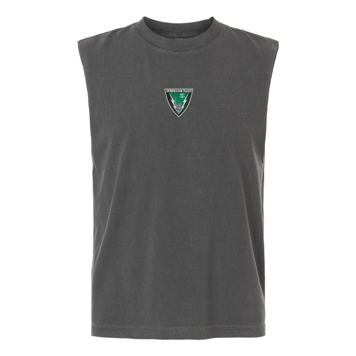 The EMB S&S Activewear Birmingham Rugby Unisex Muscle Tee is a sleeveless, dark gray garment-dyed cotton top featuring a small green and white triangular emblem on the chest, shown on a plain white background.
