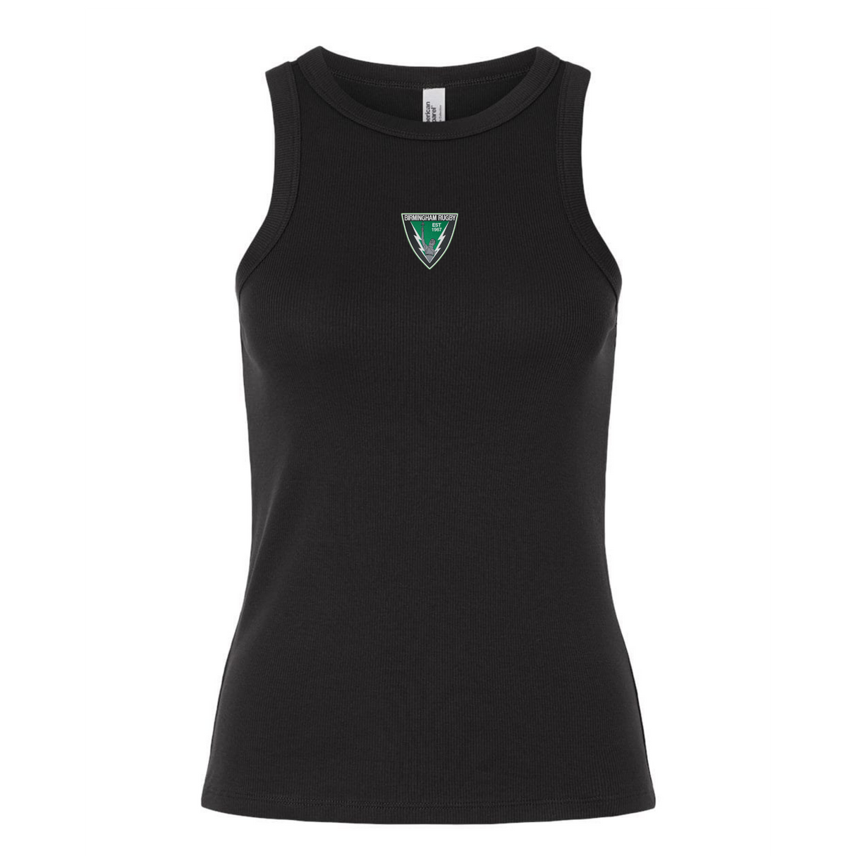 The EMB S&S Activewear Women's Birmingham Rugby Baby Rib Tank is a black ribbed tank top with a small green and white triangular logo centered on the chest.