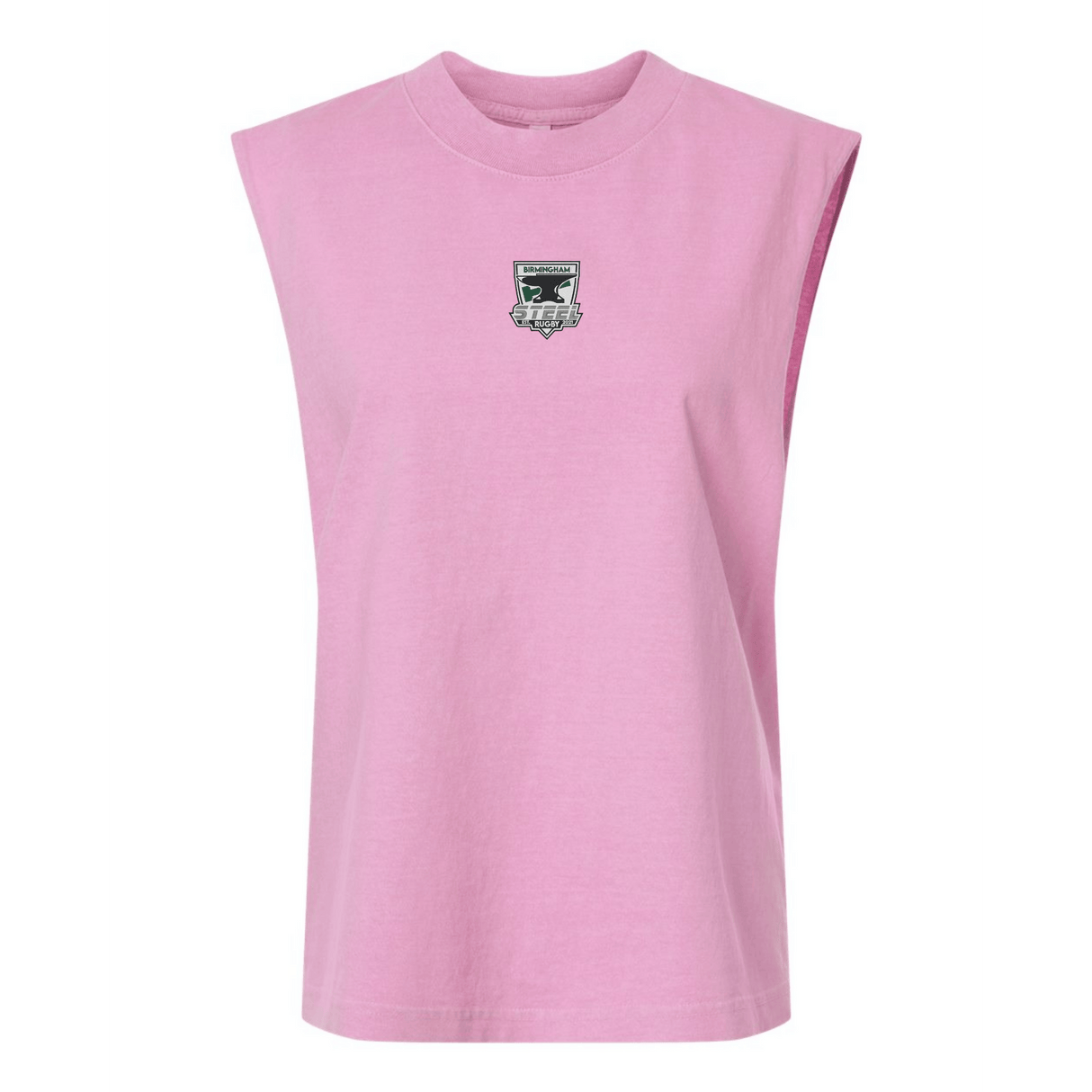 The Birmingham Steel Rugby Unisex Muscle Tee by EMB S&S Activewear is a sleeveless pink heavyweight cotton top featuring a small embroidered green and black shield emblem on the chest.