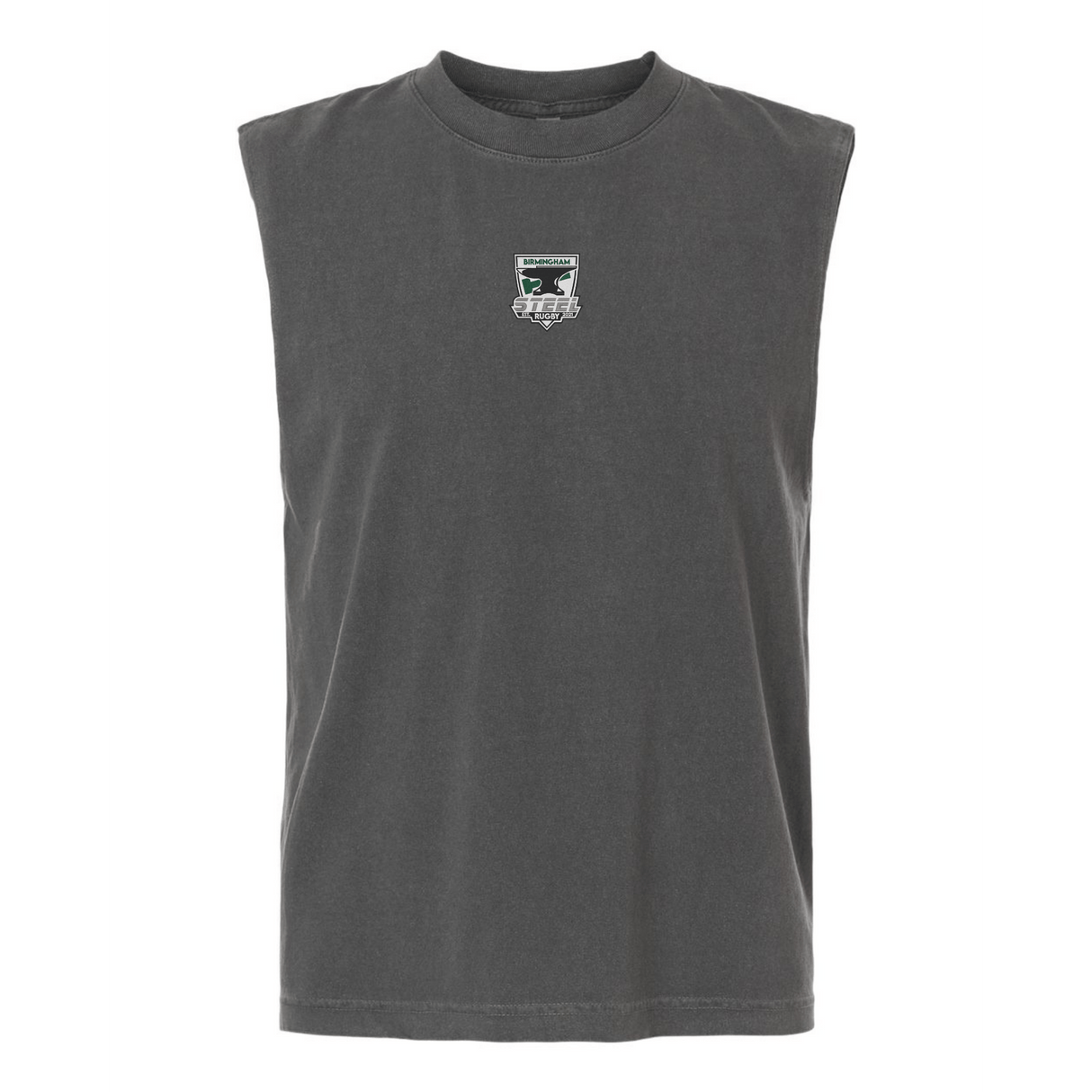 The Birmingham Steel Rugby Unisex Muscle Tee by EMB S&S Activewear is a sleeveless, heavyweight cotton top in dark gray, featuring a small embroidered patch with graphic and text on the center chest.