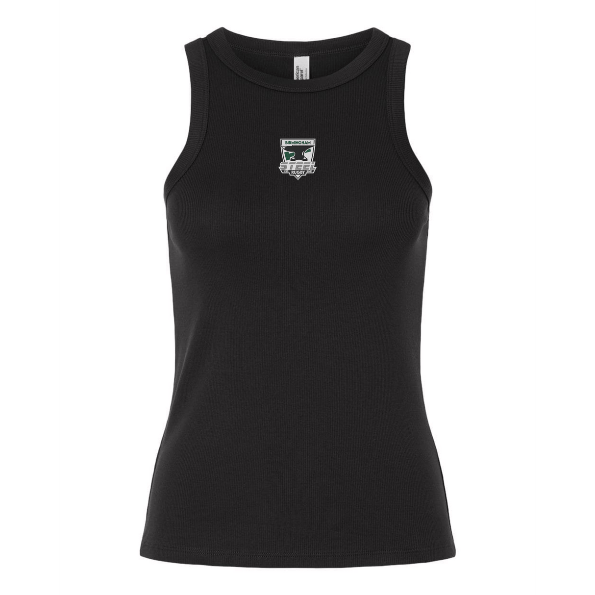 The EMB S&S Activewear Women's Birmingham Steel Baby Rib Tank is a black fitted tank top featuring a small embroidered patch logo centered on the chest, designed in a classic women’s baby rib style.
