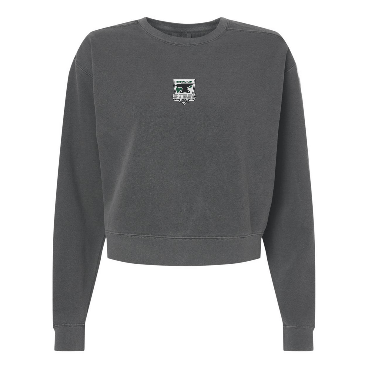 The EMB S&S Activewear Women's Birmingham Steel Mid-Length Crewneck Sweatshirt is garment-dyed in dark gray for a soft finish, with a small embroidered chest logo, shown on a white background.