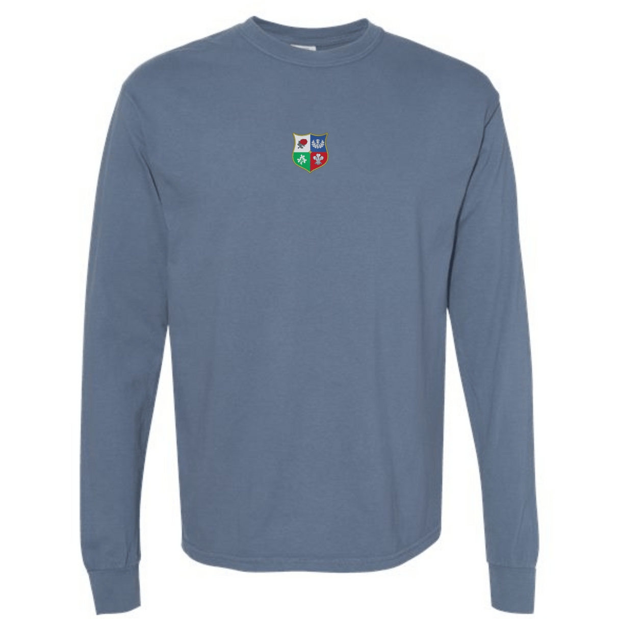 The British & Irish Lions Vintage Long Sleeve Comfort Tee by EMB S&S Activewear is a blue crewneck with a small multicolored team crest on the left chest.