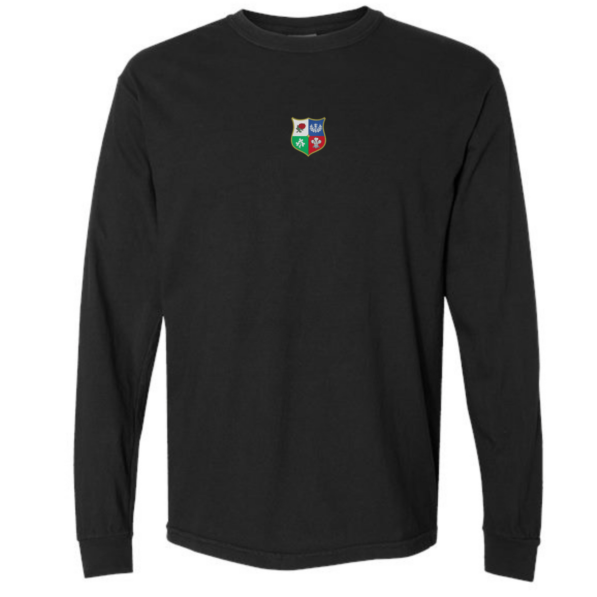 The EMB S&S Activewear British & Irish Lions Vintage Long Sleeve Comfort Tee features a small, multicolored four-symbol crest on the left chest—ideal for fans seeking classic style and comfort.
