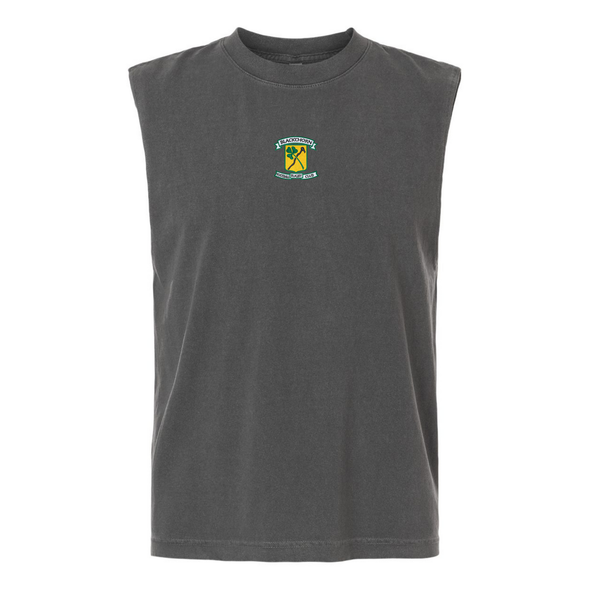 The EMB S&S Activewear Blackthorn Rugby Unisex Muscle Tee is a sleeveless black top featuring a colorful embroidered club logo and text on the upper chest, shown against a plain white background.