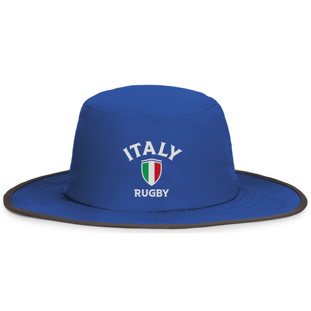 The EMB Augusta Nations of Rugby Italy Rugby Legend Boonie Cap features a blue wide brim with "Italy Rugby" and an Italian shield logo on the front—ideal for any rugby supporter.