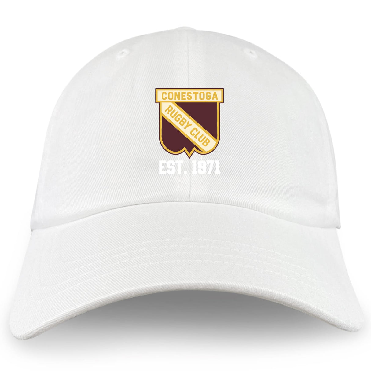 The Conestoga Rugby Adult Low-Profile Cotton Twill Dad Cap by EMB S&S Activewear features the club crest and "EST. 1971" embroidered on the front in classic white cotton twill.