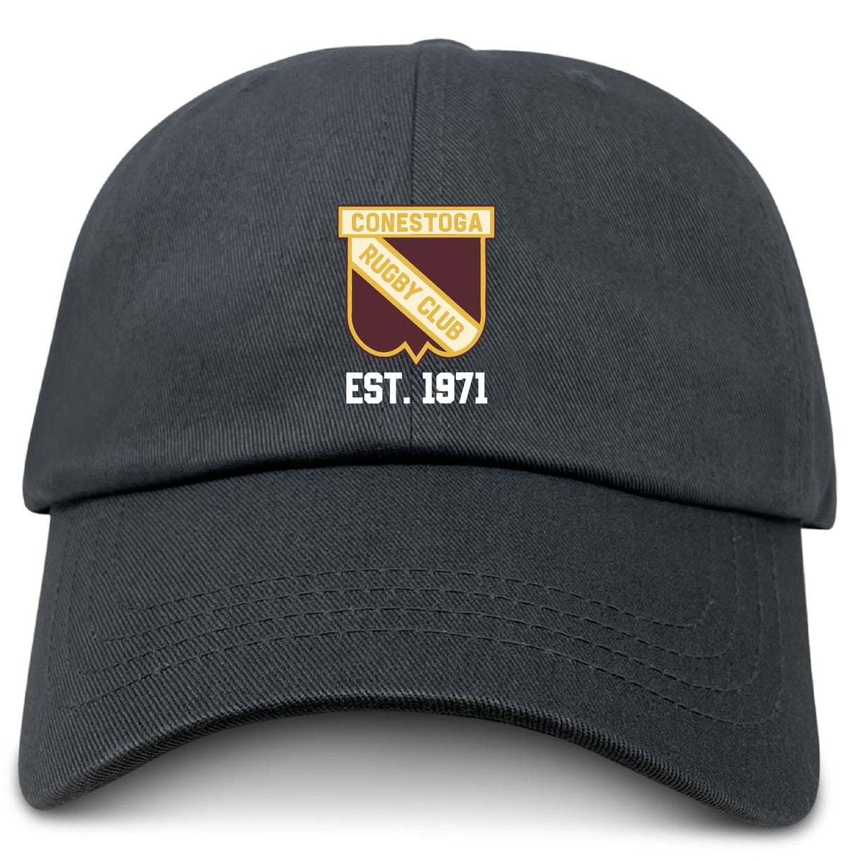 The Conestoga Rugby Adult Low-Profile Cotton Twill Dad Cap by EMB S&S Activewear features the club shield logo and "EST. 1971" embroidered on the front in classic black cotton twill.