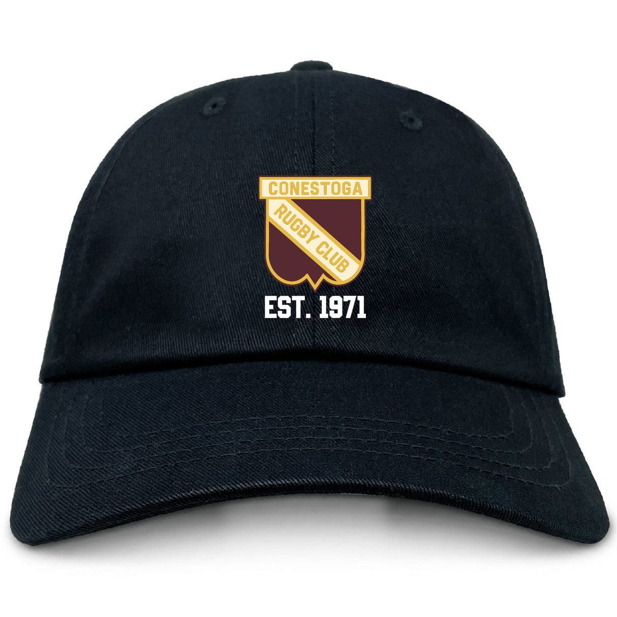 The EMB S&S Activewear Conestoga Rugby Adult Low-Profile Cotton Twill Dad Cap features embroidered team branding with the Conestoga Rugby Club crest and "EST. 1971" on the front.