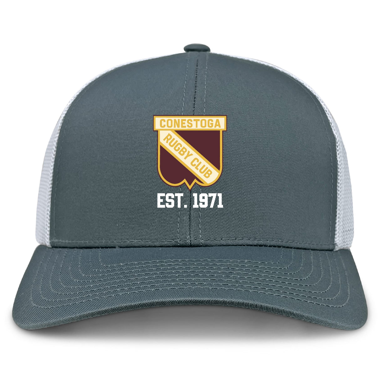 The Conestoga Rugby Retro Trucker Cap by EMB S&S Activewear features gray and white panels, an embroidered club crest with "EST. 1971" on the front, and a classic snapback closure for adjustable fit.