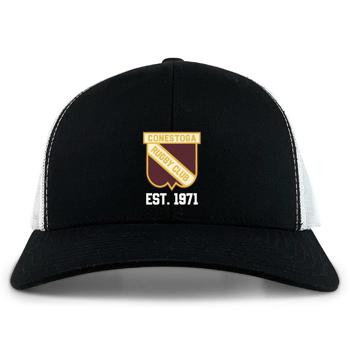 The Conestoga Rugby Retro Trucker Cap by EMB S&S Activewear features a black and white design, "Conestoga Rugby Club" logo, "EST. 1971" embroidery, and a classic snapback closure for adjustable fit.