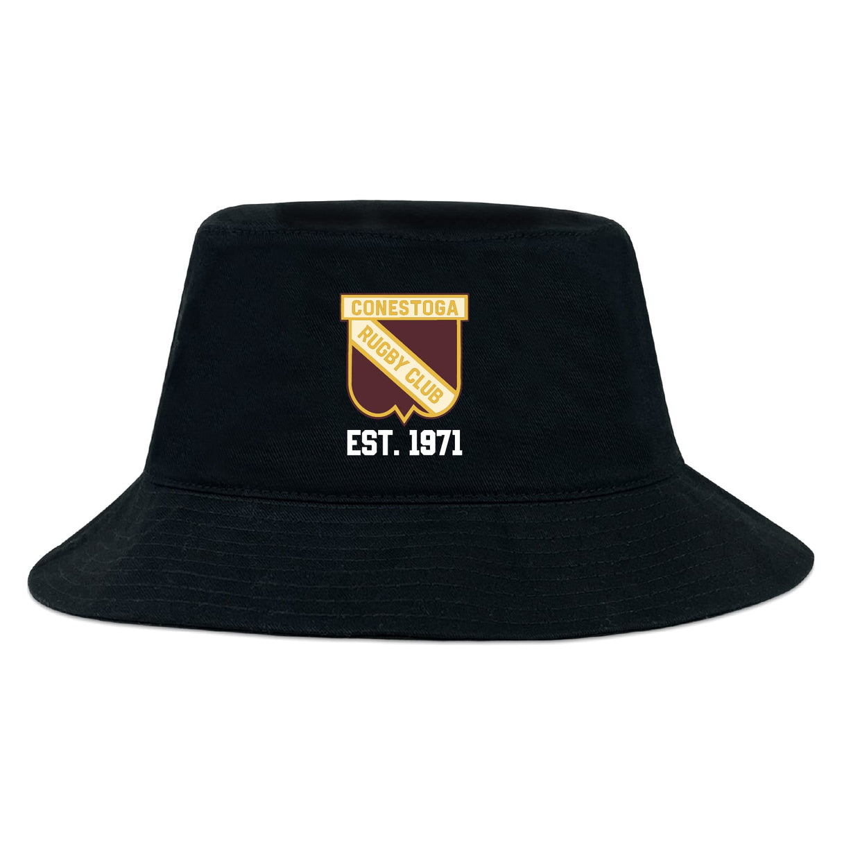 The Conestoga Rugby Crusher Bucket Cap by EMB S&S Activewear features the club crest and "EST. 1971" embroidered on black cotton twill, delivering classic style and sun protection for loyal fans.