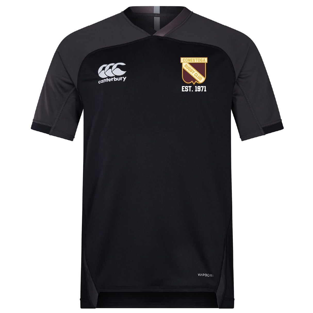 The Conestoga Rugby Vapodri Evader Jersey by EMB Canterbury is a black short-sleeved rugby top with moisture-wicking tech, a Canterbury logo on the right chest, and a yellow "COMESTORA EST. 1971" shield on the left chest.