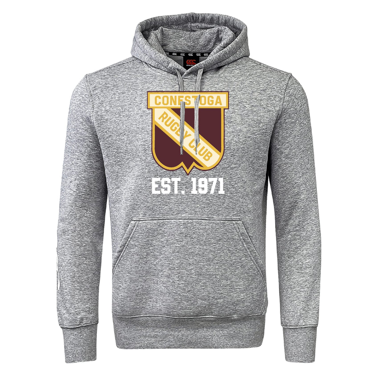 The Conestoga Rugby Club Hoodie by WRS Canterbury is a gray hoodie with a front pouch pocket and features a large "Conestoga Rugby Club" logo and "EST. 1971" on the chest.
