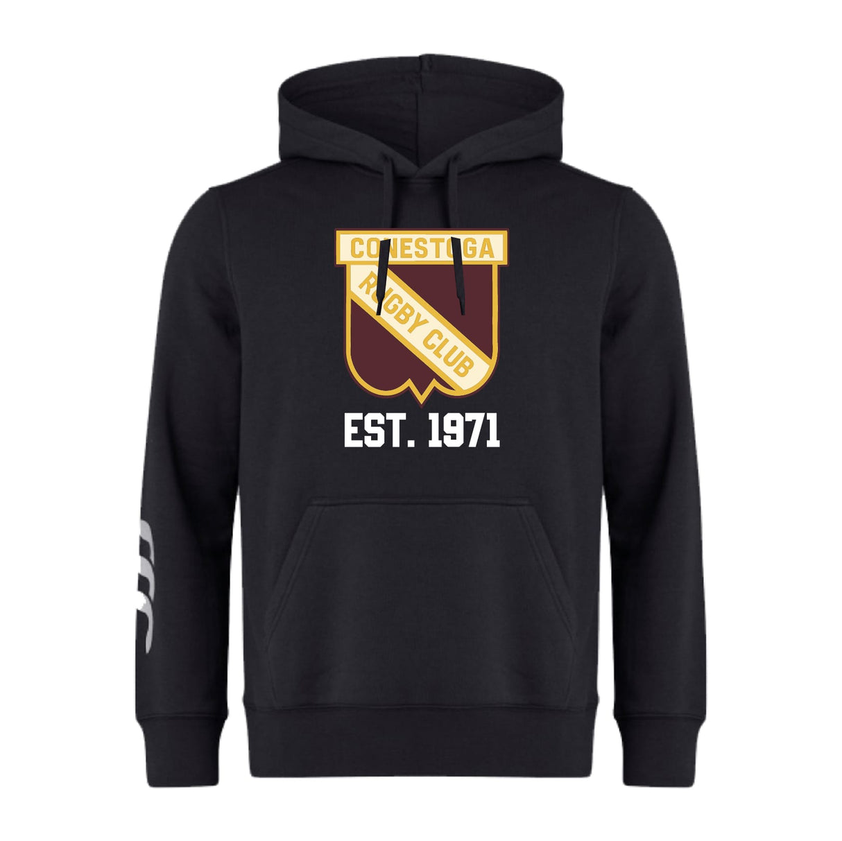The Conestoga Rugby Club Lightweight Hoodie by WRS Canterbury features the club crest and "EST. 1971" on the front, white sleeve stripes, and a classic kangaroo pocket for comfort.