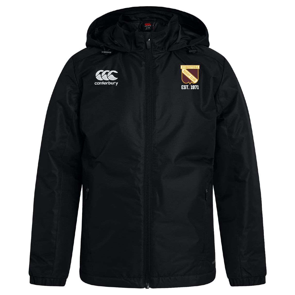 The Conestoga Rugby Club Vaposhield Stadium Jacket by EMB Canterbury features a black hood, zip front, padded insulation, Canterbury logo on the right chest, and a crest with "EST. 1971" on the left chest.