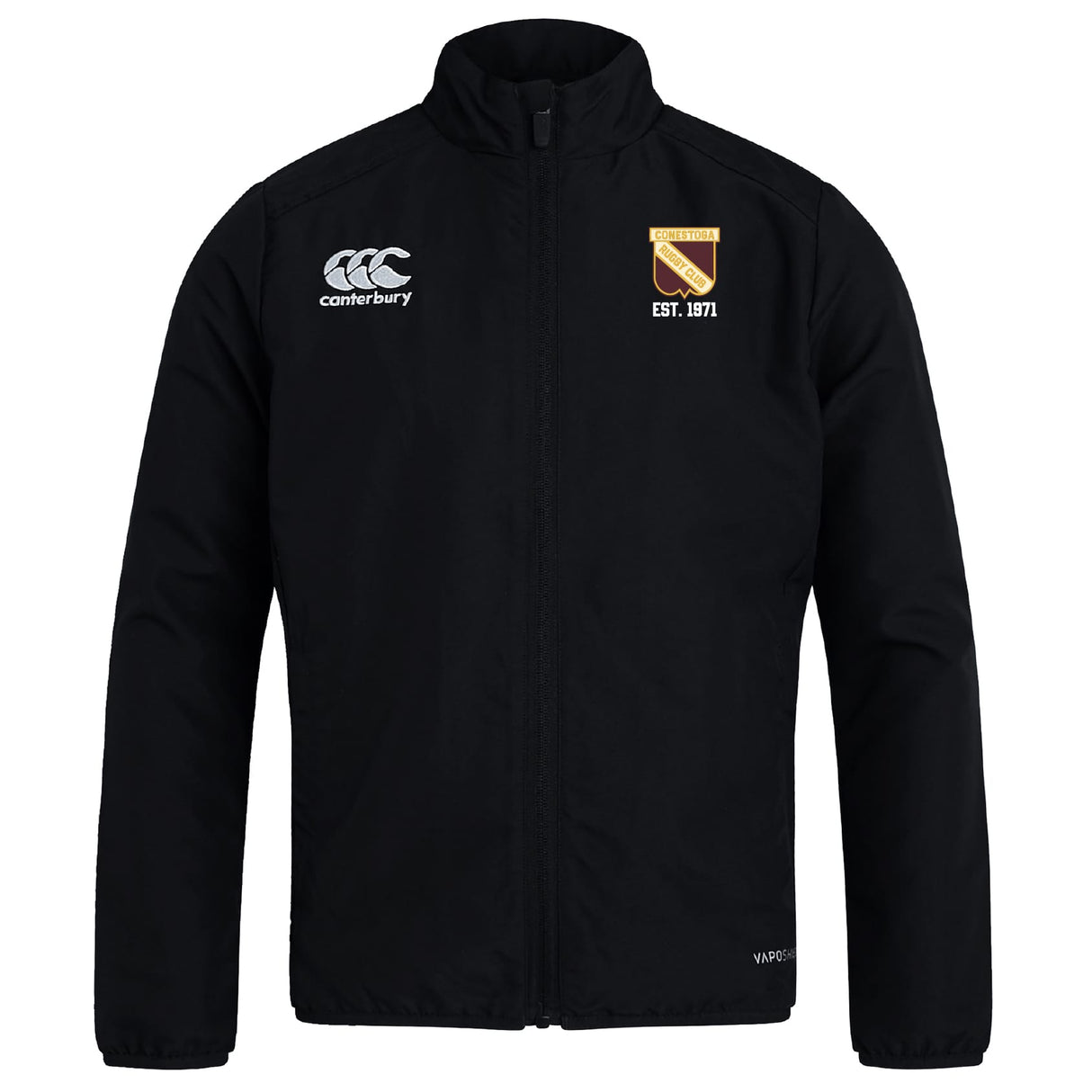 The Conestoga Rugby Club Track Jacket by EMB Canterbury features a right chest Canterbury logo and a yellow-and-white crest with "EST. 1971" on the left. This lightweight jacket is both stylish and comfortable, perfect for active wear in any weather.
