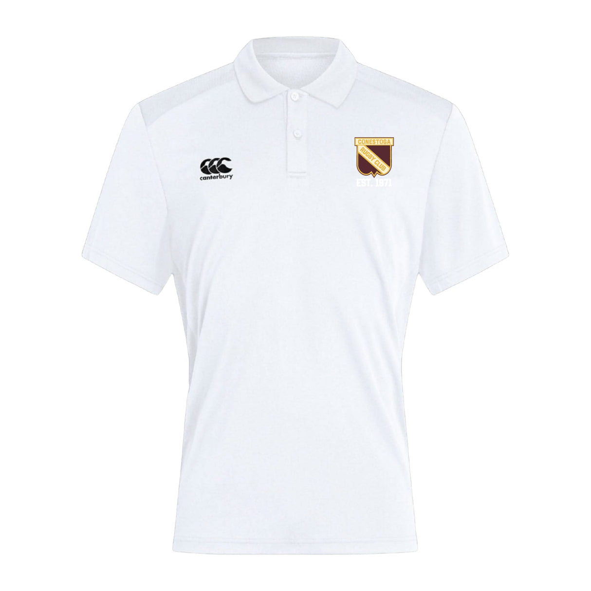 The Conestoga Rugby Club Dry Polo by EMB Canterbury is a white short-sleeve collared shirt with Vapodri Technology, featuring the Canterbury logo on the right chest and a gold-brown "EST. 1921" crest on the left.