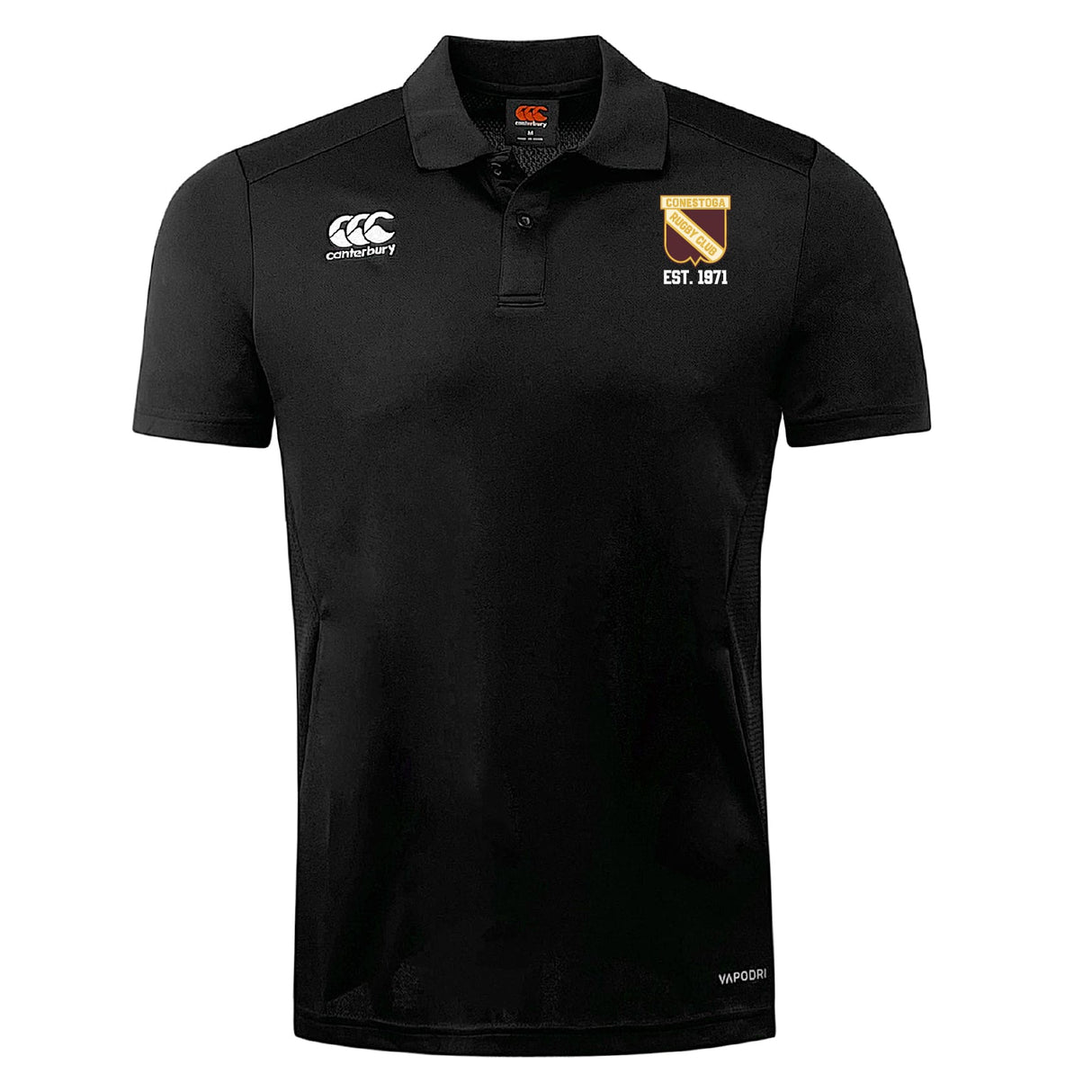 The Conestoga Rugby Club Dry Polo by EMB Canterbury is a black short-sleeve polo with a collar, Vapodri Technology, Canterbury logo on the right chest, and a left chest crest reading "EST. 1971.