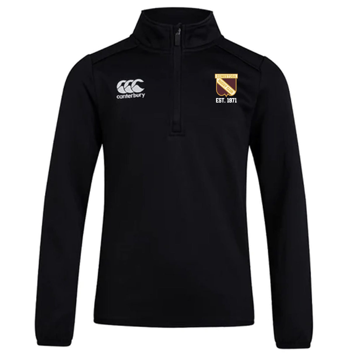 The Conestoga Rugby Club 1/4 Zip Mid Layer Training Top by EMB Canterbury features a black design, long sleeves, right-chest Canterbury logo, left-chest "EST. 1971" crest, and a stylish 1/4 zip for comfort.
