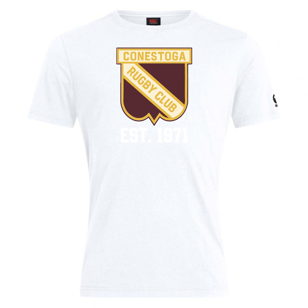 The Conestoga Rugby Club Plain Tee by Canterbury from WRS Canterbury is a white cotton blend t-shirt with a brown and gold "Conestoga Rugby Club" crest and "EST. 1971" on the front.