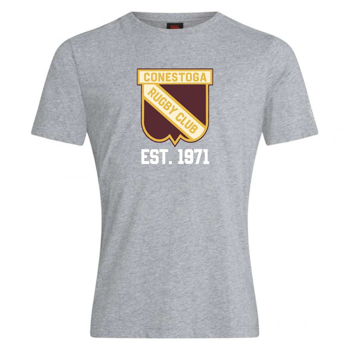 The Conestoga Rugby Club Plain Tee by WRS Canterbury is a grey shirt with a yellow and brown shield logo, "Conestoga Rugby Club," "EST. 1971" in white, and made from a soft cotton blend for comfort and style.