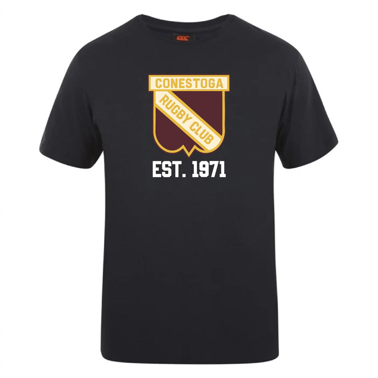 The Conestoga Rugby Club Plain Tee by WRS Canterbury is a black cotton blend shirt with the club crest and "EST. 1971" in white—ideal for fans seeking a customizable supporter tee.