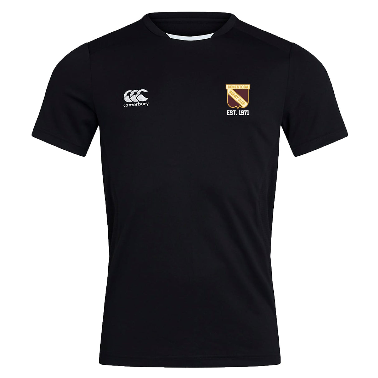 The Conestoga Rugby Club Dry Tee by EMB Canterbury features a black short-sleeve design, Canterbury logo on the right chest, gold "EST. 1871" crest on the left, and Vapodri Technology to keep you cool and comfortable during training.