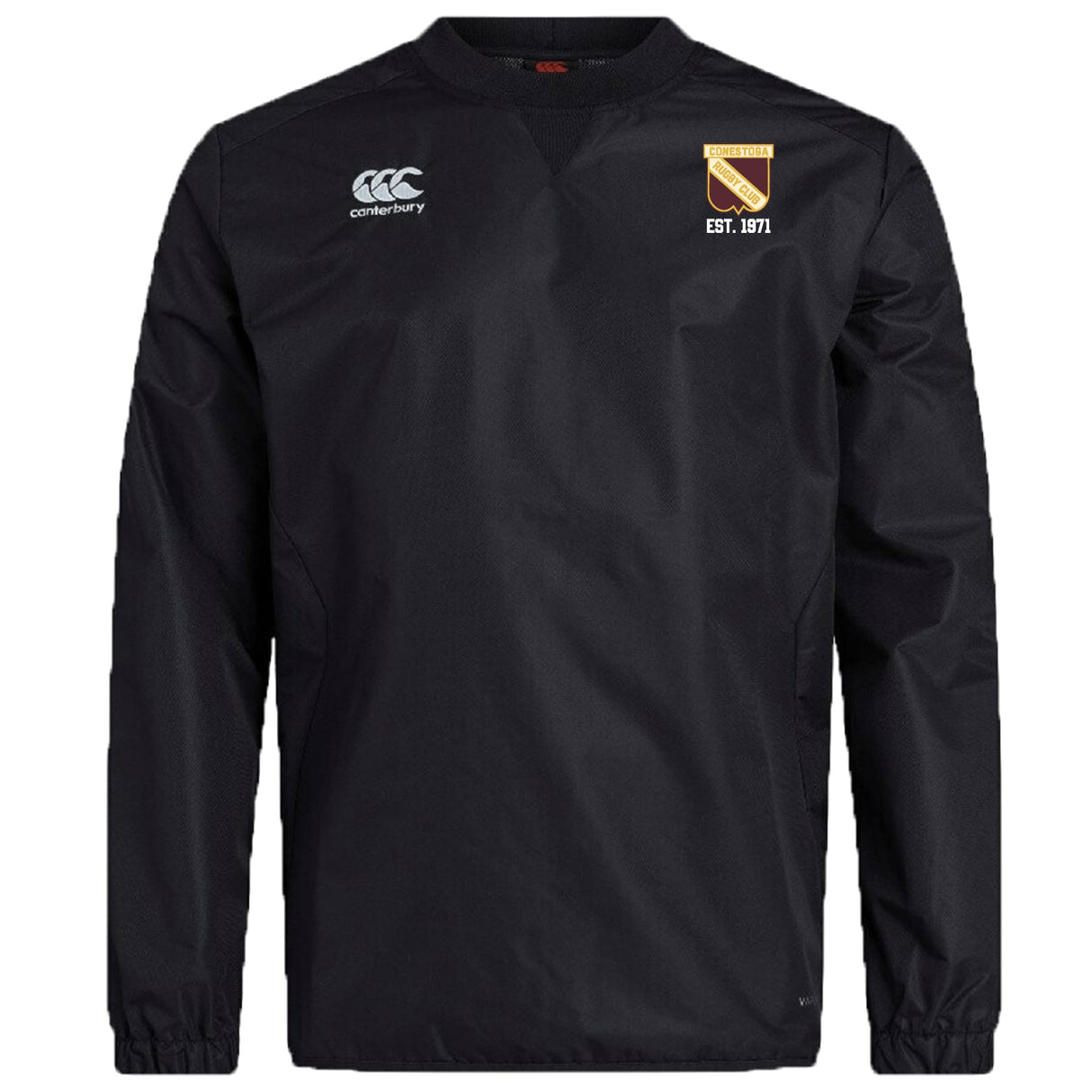 The Conestoga Rugby Club Vaposhield Contact Top by EMB Canterbury is a black long-sleeve training top with a gold shield logo ("EST. 1971") and the Canterbury logo on the chest, featuring advanced Vaposhield technology for performance.