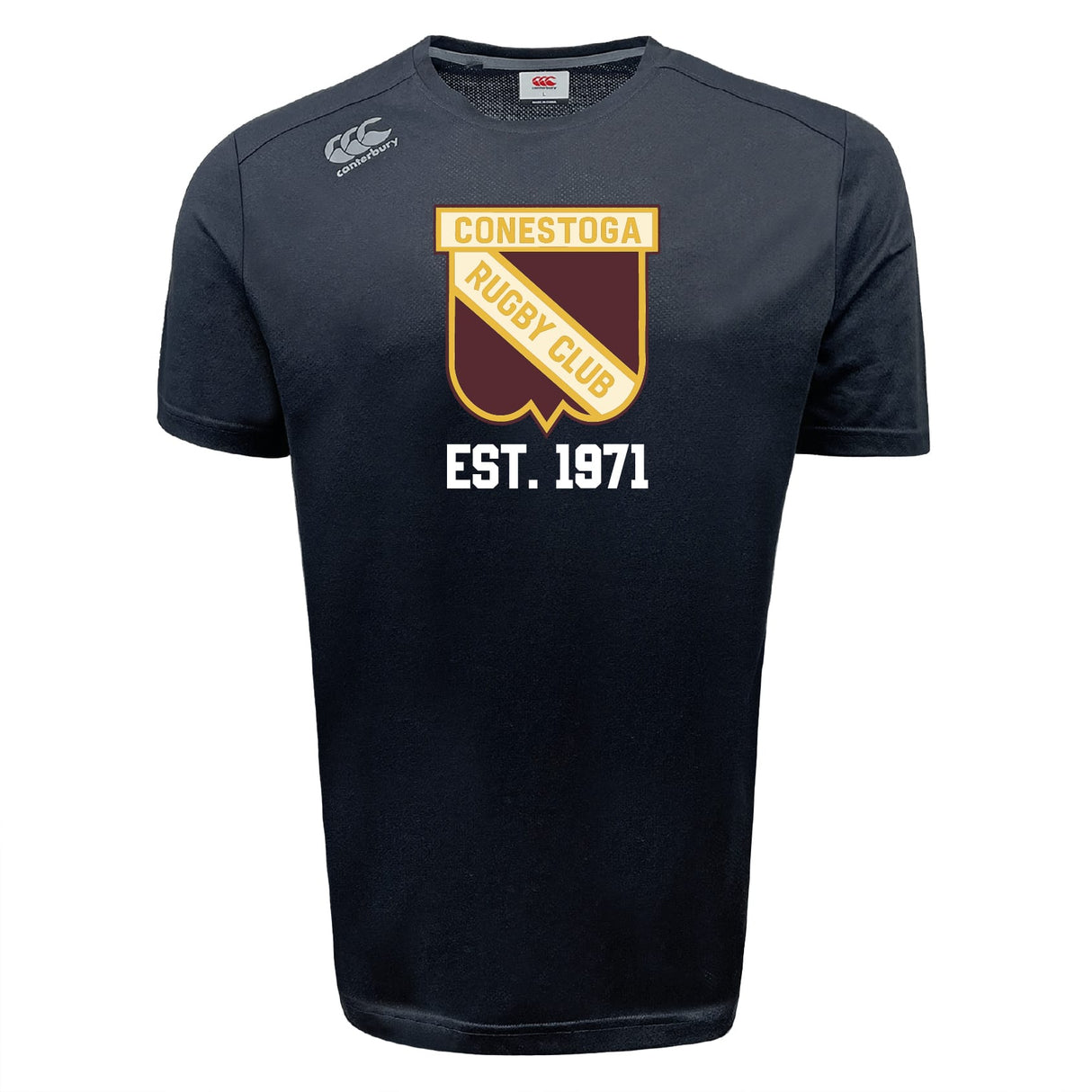 The Conestoga Rugby Tempo Vapodri T-Shirt by WRS Canterbury features "Conestoga Rugby Club Est. 1971" and shield logo on the front, offering athletic performance and superior moisture-wicking comfort for active lifestyles.
