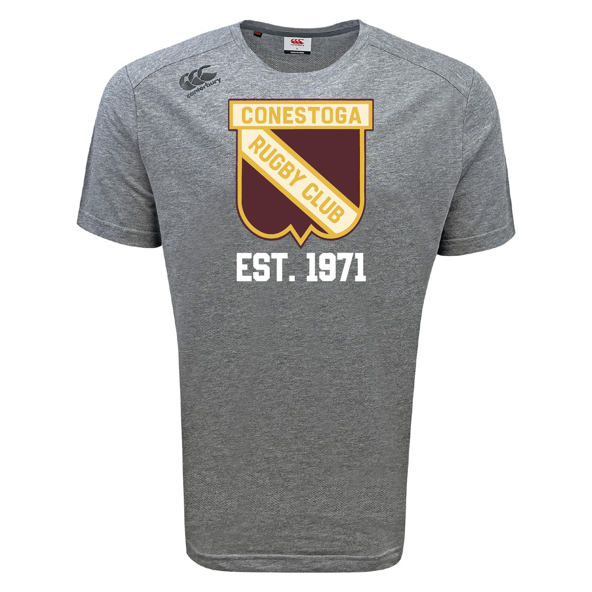 The Conestoga Rugby Tempo Vapodri T-Shirt by WRS Canterbury is a grey athletic shirt with a shield logo and "Conestoga Rugby Club Est. 1971" in yellow, maroon, and white text on the chest.
