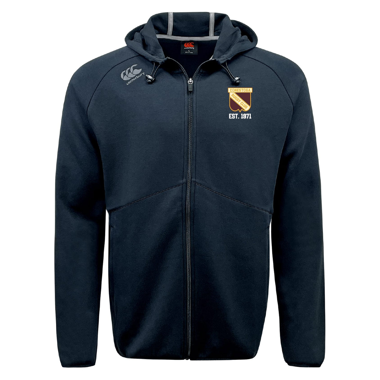 The Conestoga Rugby Tempo Vapodri Full-Zip Hoodie by EMB Canterbury is a black hoodie with a hood, drawstrings, moisture-wicking fabric, Canterbury logo on the right chest, and a shield crest with "EST. 1871" on the left.