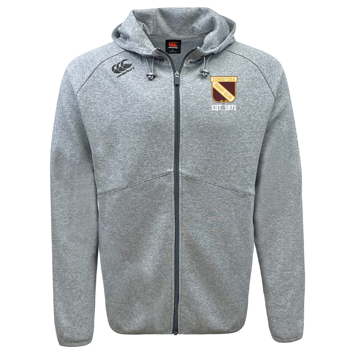 Stay dry and comfortable in the Conestoga Rugby Tempo Vapodri Full-Zip Hoodie by EMB Canterbury, featuring a crest and "EST. 1871" on the chest, a black logo on the shoulder, and classic moisture-wicking style.