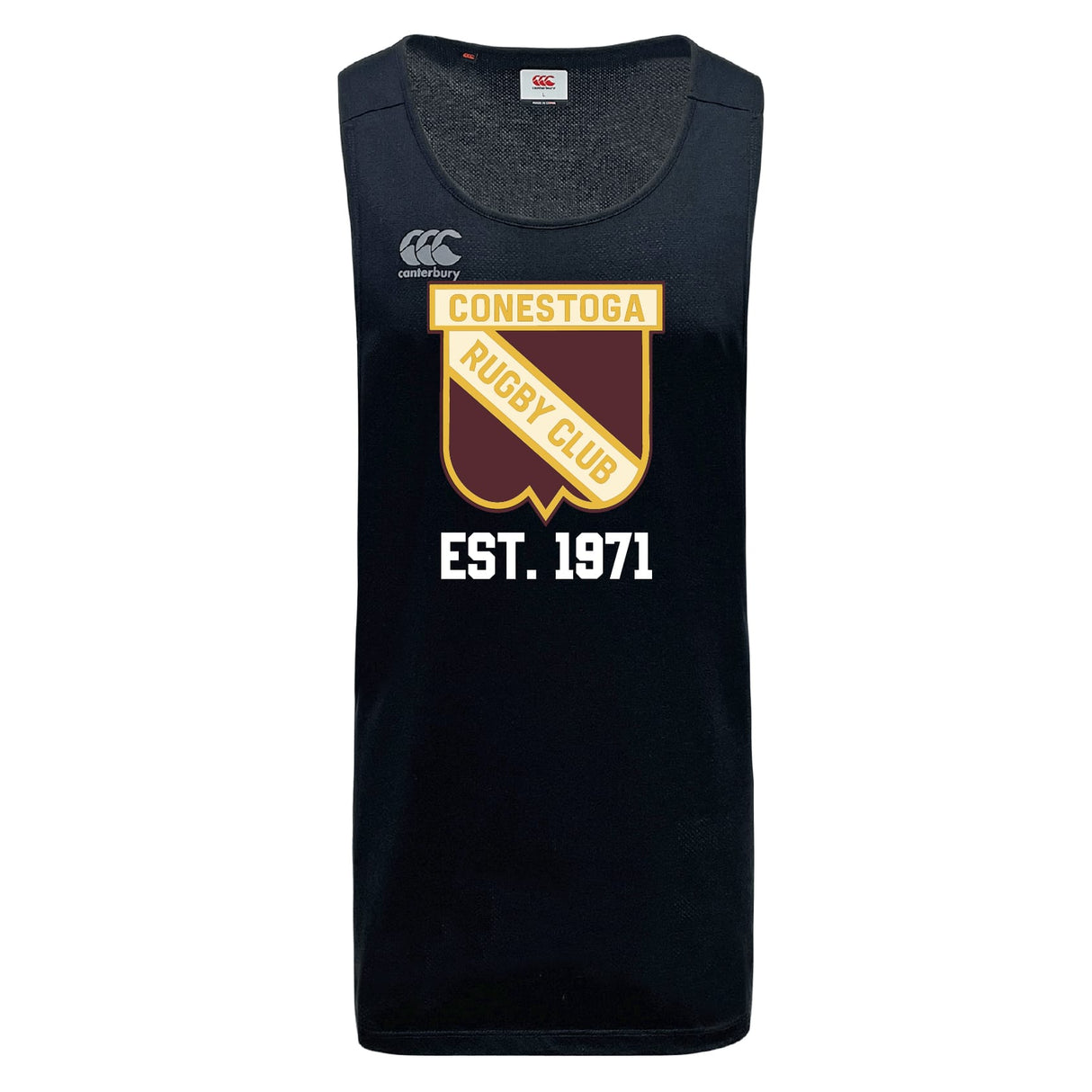 The Conestoga Rugby Club Dry Singlet by EMB Canterbury is a black sleeveless athletic shirt with the club crest and "EST. 1971" on the front, offering performance comfort for your workouts.