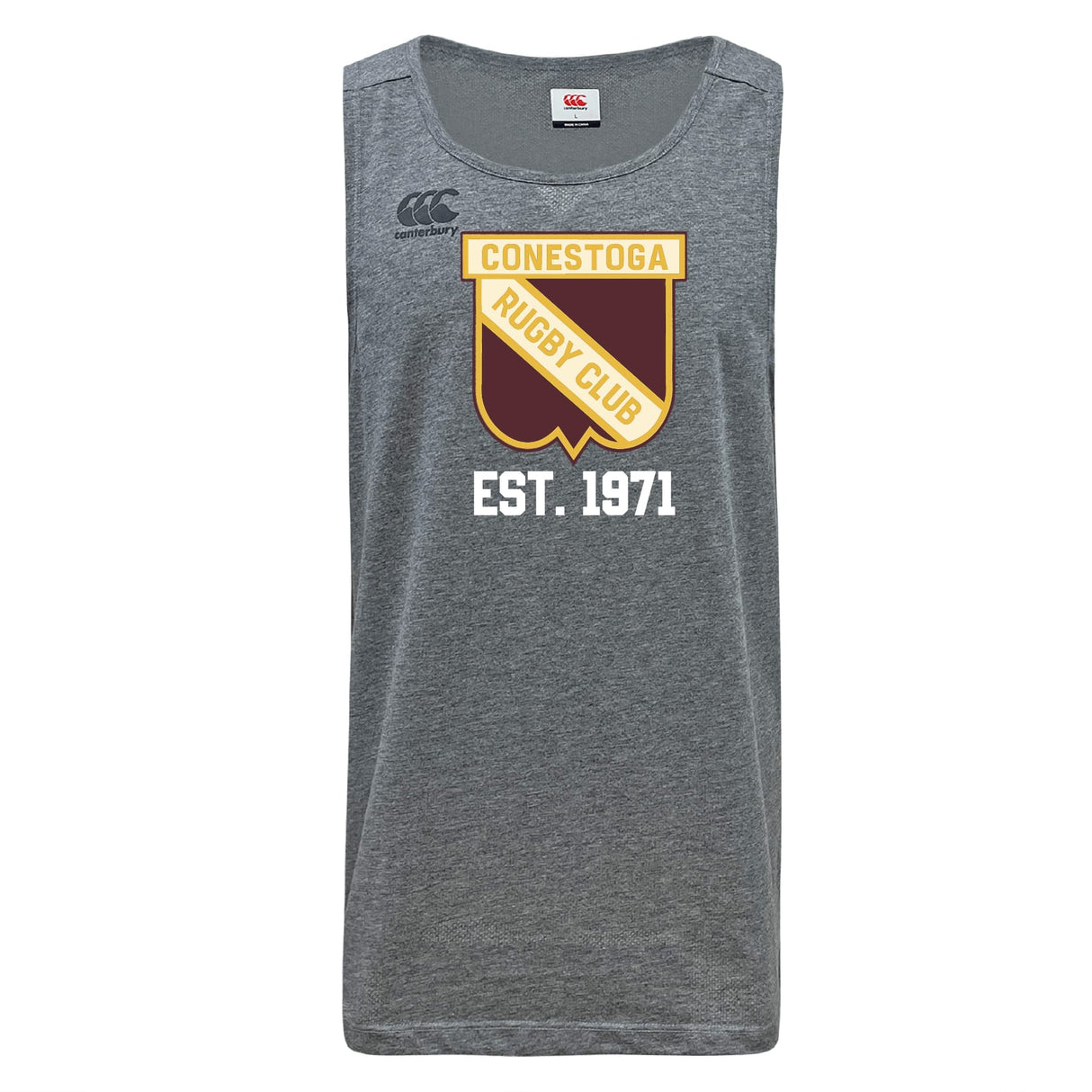 The Conestoga Rugby Tempo Vapodri Singlet by WRS Canterbury is a gray sleeveless athletic shirt made from recycled polyester with a "Conestoga Rugby Club Est. 1971" crest logo on the front.
