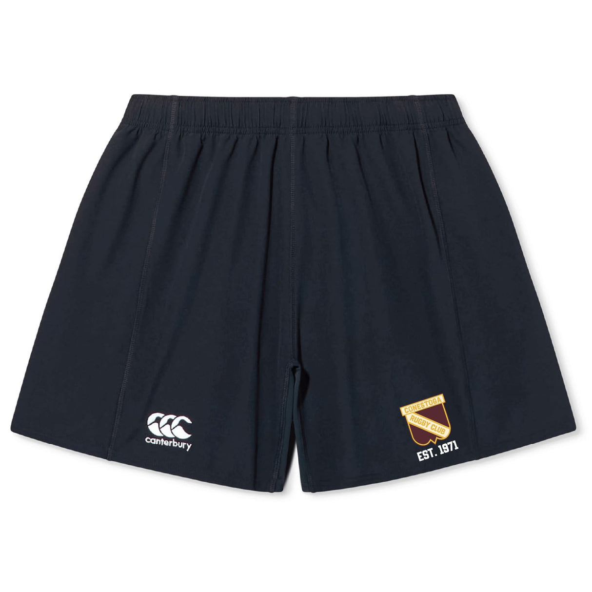 The Conestoga Rugby Yokohama Short by EMB Canterbury is navy blue, crafted from lightweight durable fabric, with a Canterbury logo on the left leg and an "EST. 1871" sports club crest on the right.