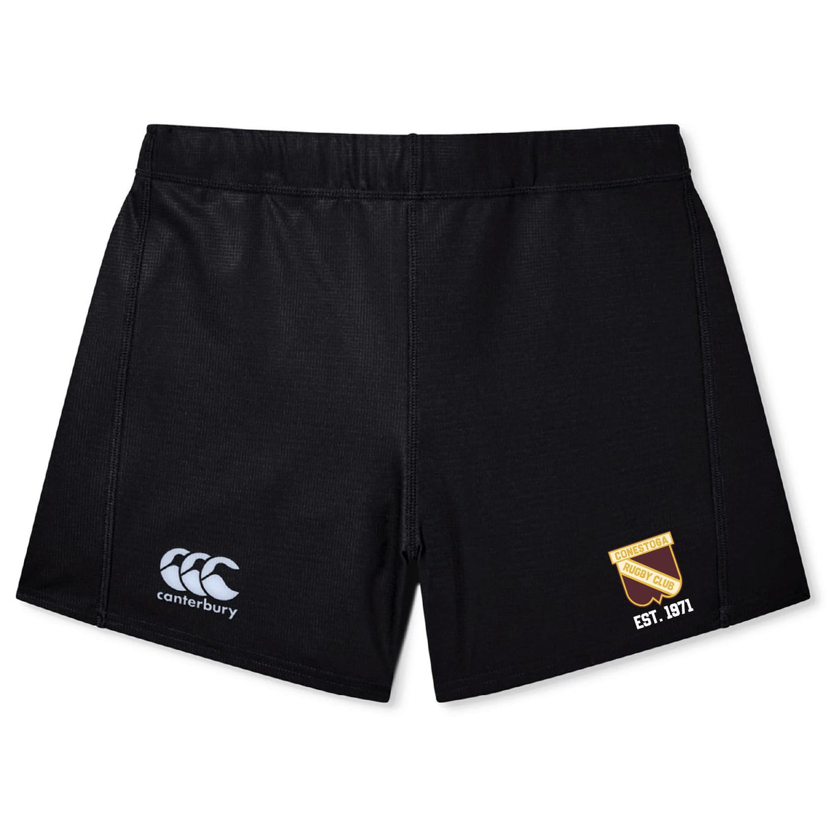 The Conestoga Rugby Women's Yokohama Short by EMB Canterbury features a left-leg logo and yellow club crest with "EST. 1971" on the right, offering ideal performance and style for women's rugby.