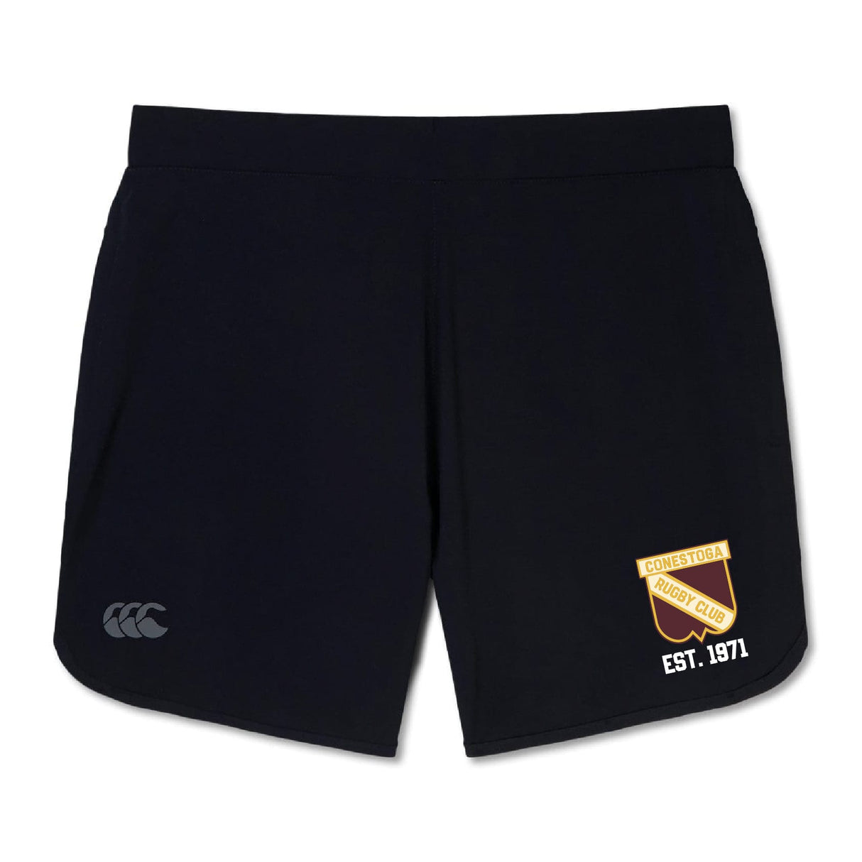 The Conestoga Rugby Women's Elite Woven Short by Canterbury features a yellow and red "Conestoga Rugby Club" and "EST. 1971" logo on the right leg, plus a white CCC logo on the left—perfect for stylish, comfortable training.