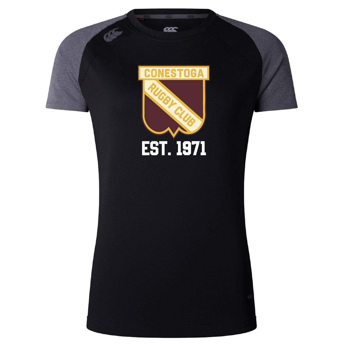 The Conestoga Rugby Women’s Elite Training Tee by WRS Canterbury is a black and gray short-sleeve shirt with the club logo and “Est. 1971” on the front, crafted from lightweight, breathable fabric for comfort.