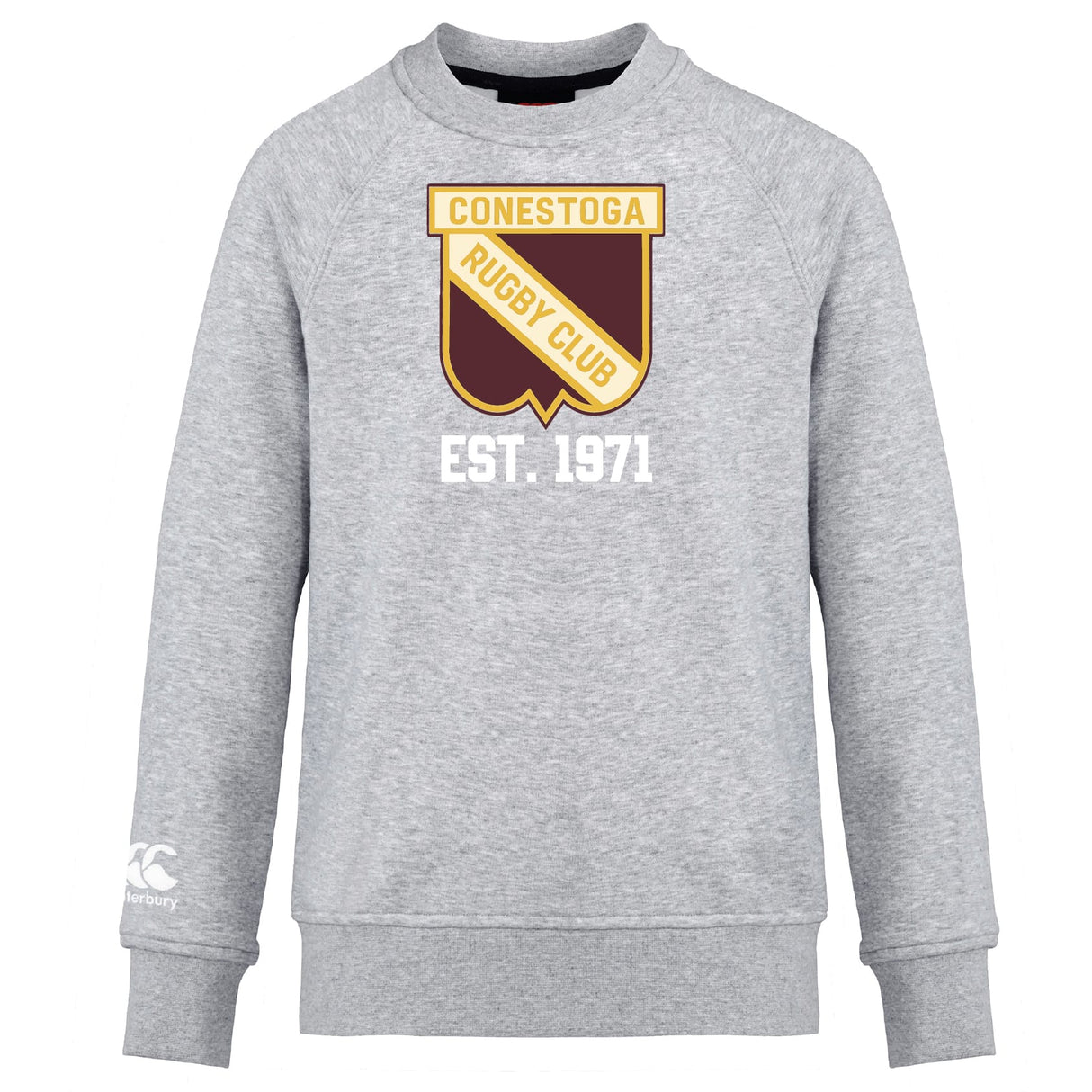 The Conestoga Rugby Club Crew Sweatshirt by WRS Canterbury is a grey, ultra-soft crew featuring a "Conestoga Rugby Club" crest, "EST. 1971" on the front, and an embroidered CCC logo on the left sleeve.