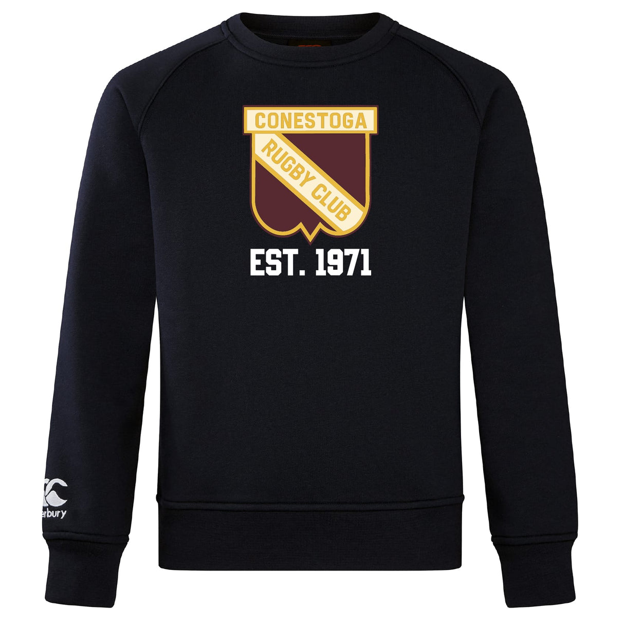The Conestoga Rugby Club Crew Sweatshirt by WRS Canterbury features the club crest and "EST. 1971" on the front, plus an embroidered CCC logo on the ultra-soft left sleeve.