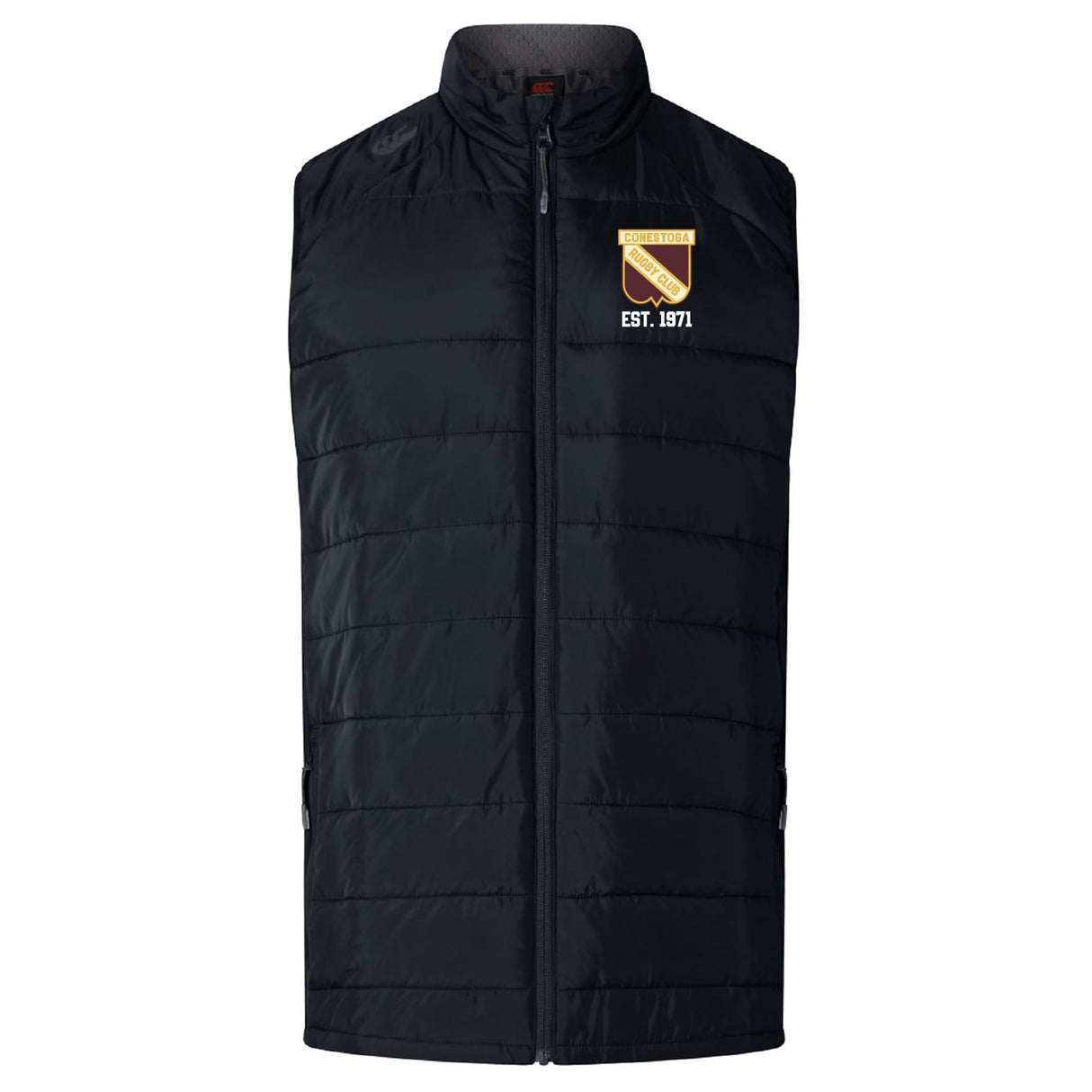 The Conestoga Rugby Elite Microlite Gilet by EMB Canterbury is a black, sleeveless insulated vest with a zip front and an "EST. 1971" crest logo on the left chest.