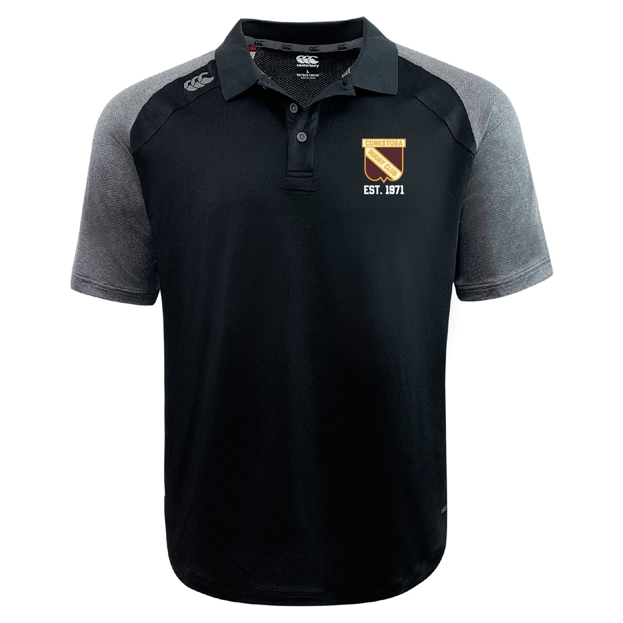 The Conestoga Rugby Elite Polo by EMB Canterbury features a black and gray design, buttoned collar, "EST. 1971" crest on the left chest, and is made from Vapodri fabric for lightweight comfort and durability.