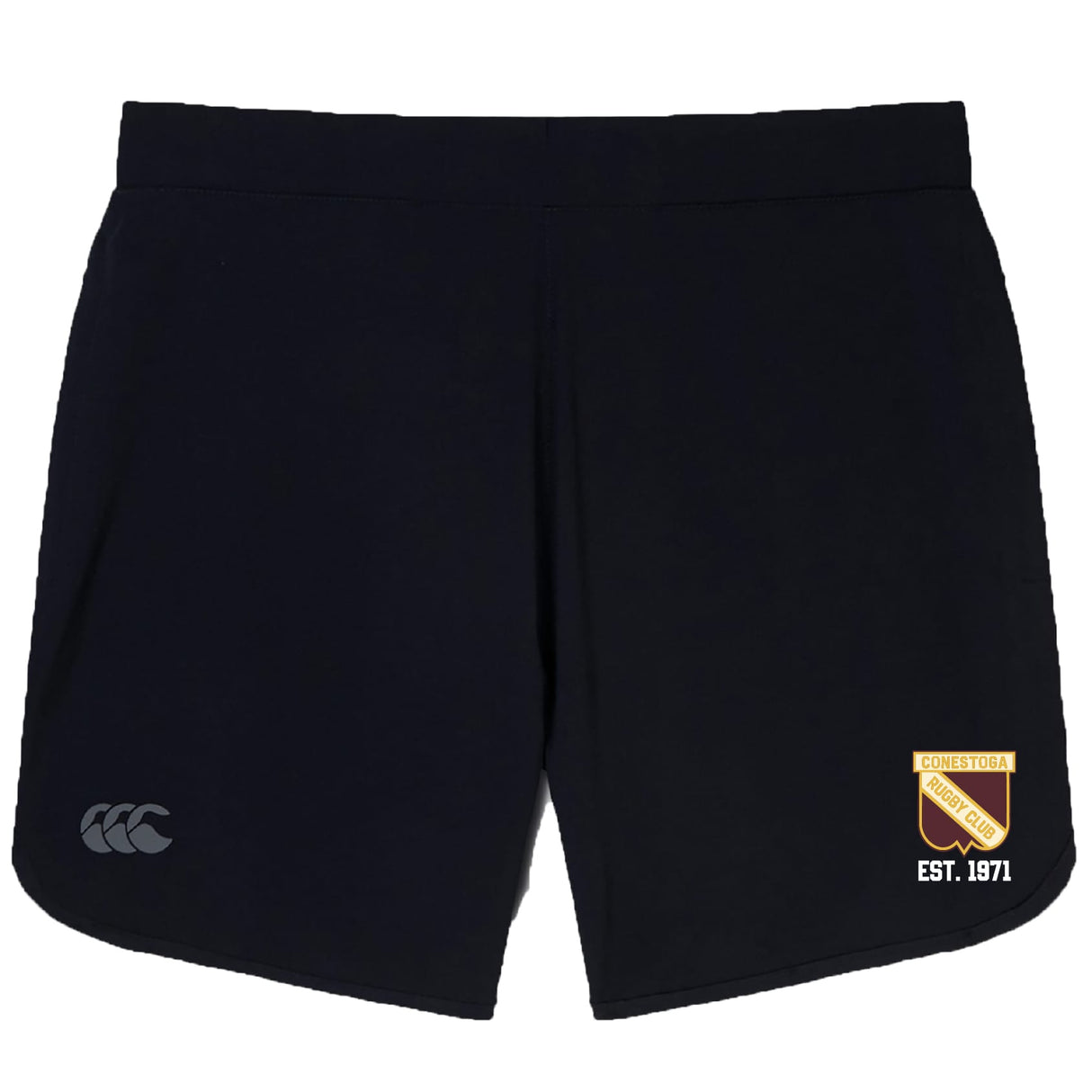 The Conestoga Rugby Elite Woven Short by EMB Canterbury features a white Canterbury logo, yellow Conestoga Rugby crest with "EST. 1971," and zippered pockets for secure storage during training.
