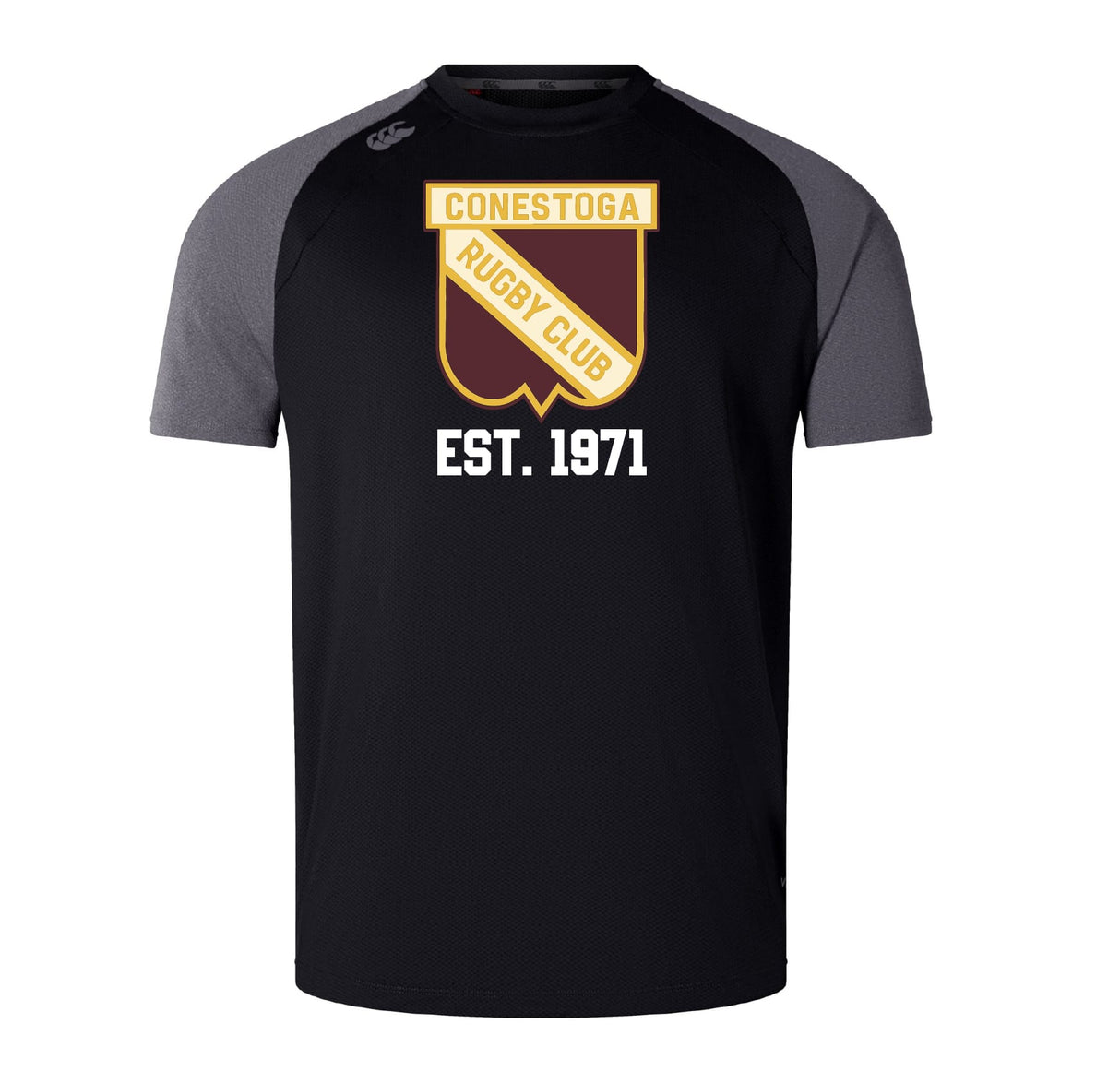 The Conestoga Rugby Elite Training Tee by WRS Canterbury is a black and gray short-sleeve shirt featuring the club crest and "EST. 1971," made with performance Vapodri fabrics for comfort and style.