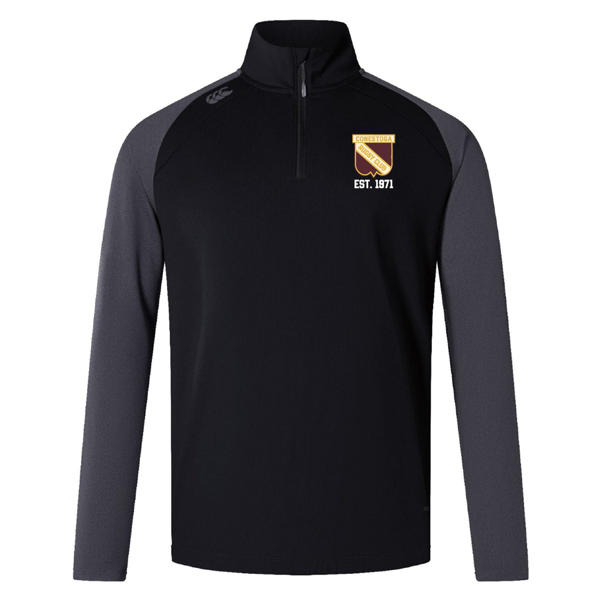 The Conestoga Rugby Women's Elite First Layer by EMB Canterbury is a black and dark gray long-sleeve quarter-zip pullover with VapoDri tech and a yellow-brown "EST. 1971" crest—perfect as an elite women's base layer or for training.