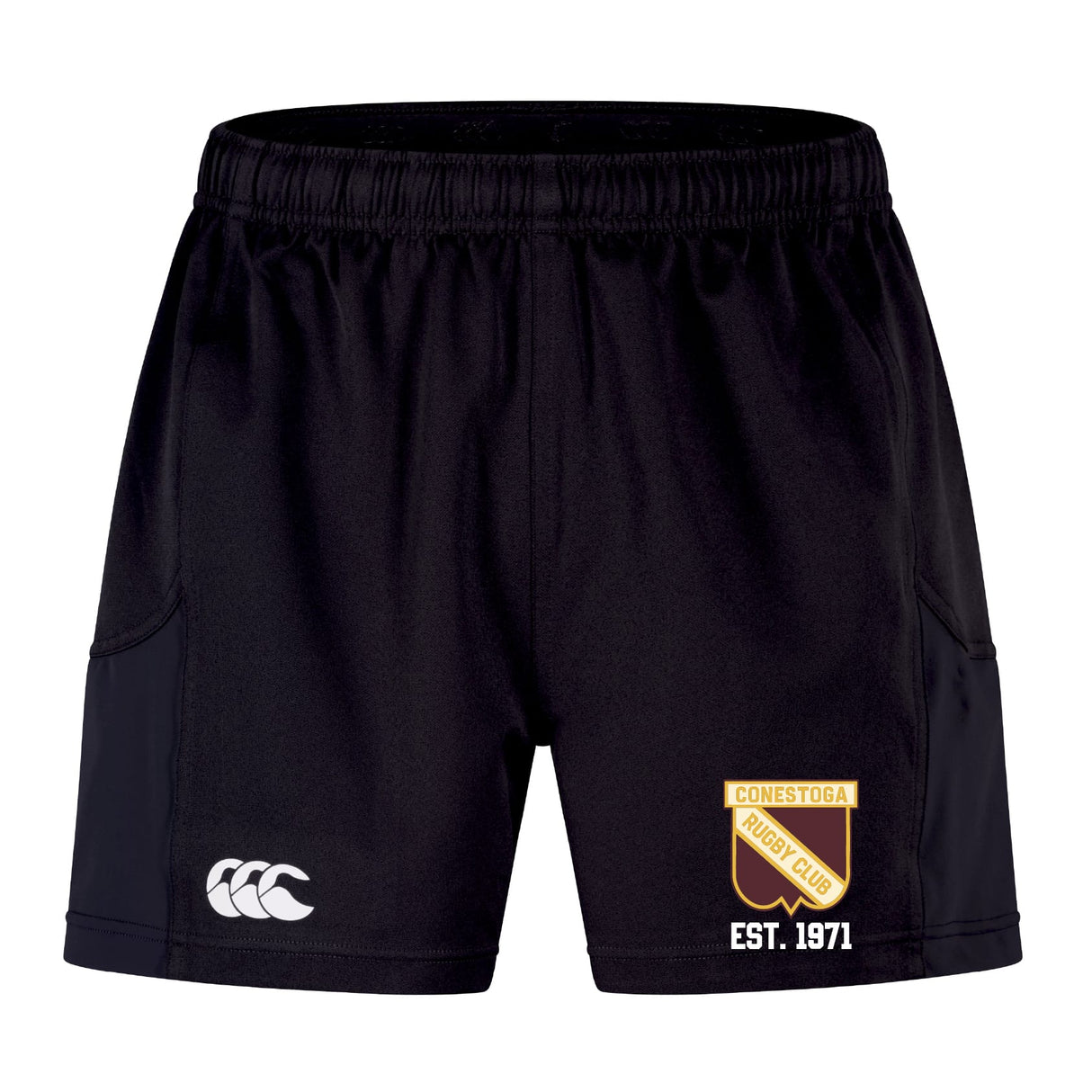 The EMB Canterbury Conestoga Rugby Advantage Short 2.0 features an embroidered club crest with "EST. 1971" on the right leg and a white Canterbury logo on the left, designed for sustainable athletic wear and comfort.