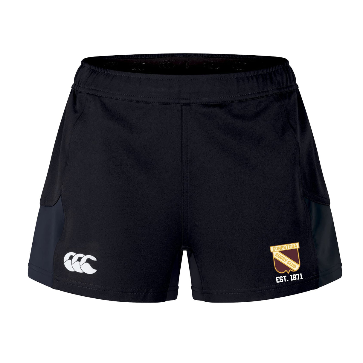 The EMB Canterbury Conestoga Rugby Women's Advantage Short 2.0 features the logo on the left leg and a gold/red shield with "EST. 1971" on the right, crafted sustainably for comfort and performance in athletic use.
