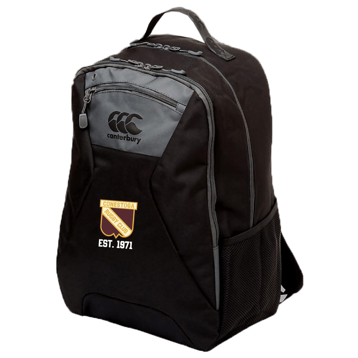 The Conestoga Rugby Medium Backpack by EMB Canterbury features two zippered compartments, a mesh side pocket, padded laptop pocket, and the Conestoga Rugby Club Est. 1971 logo on the front.
