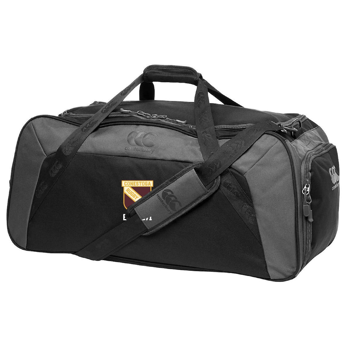 The Conestoga Rugby Holdall Duffle Bag by EMB Canterbury is a black and gray water-repellent duffel with a shoulder strap, side zipper pocket, and Conestoga College emblem on the front.